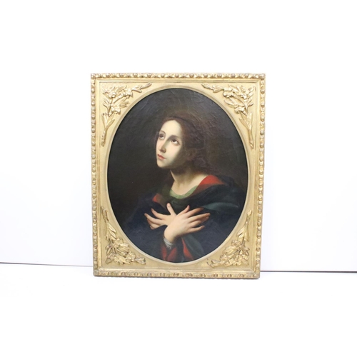 224 - Continental School, portrait of a lady, possibly the Madonna, oil on canvas, 69 x 55cm, framed ovall... 