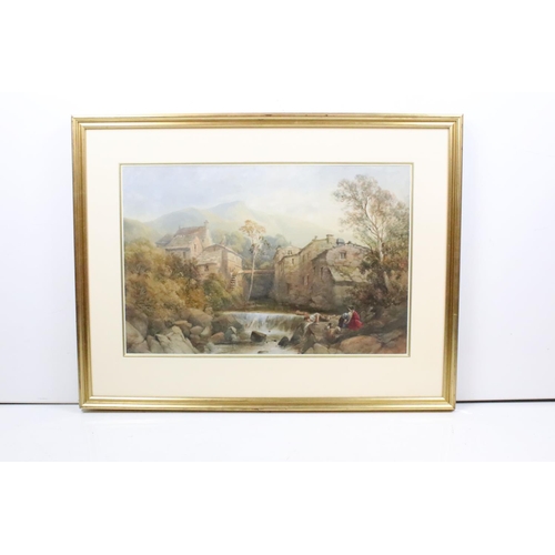 225 - Thomas Creswick (1811 - 1869), family in the foreground with mill scene behind, watercolour, signed ... 