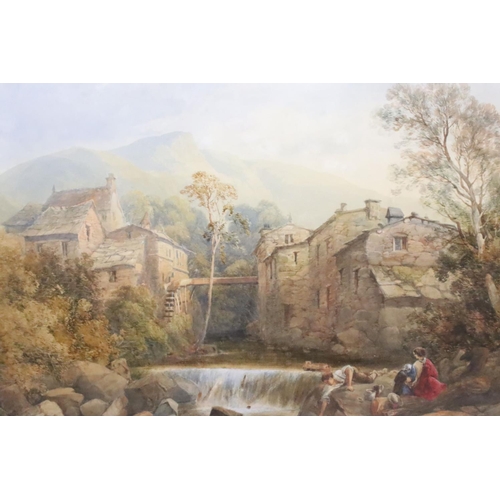 225 - Thomas Creswick (1811 - 1869), family in the foreground with mill scene behind, watercolour, signed ... 
