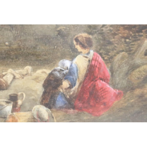 225 - Thomas Creswick (1811 - 1869), family in the foreground with mill scene behind, watercolour, signed ... 