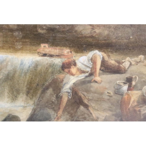 225 - Thomas Creswick (1811 - 1869), family in the foreground with mill scene behind, watercolour, signed ... 