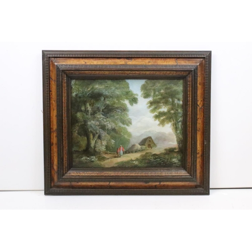 230 - English School, mother and child on a path with a barn and woodland in the background, oil on canvas... 