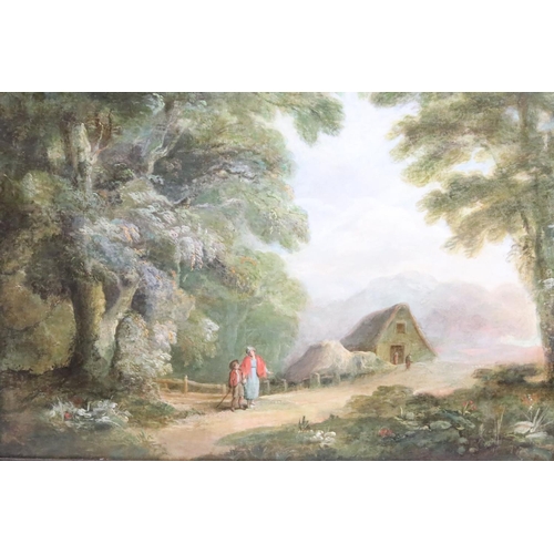 230 - English School, mother and child on a path with a barn and woodland in the background, oil on canvas... 