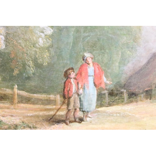 230 - English School, mother and child on a path with a barn and woodland in the background, oil on canvas... 