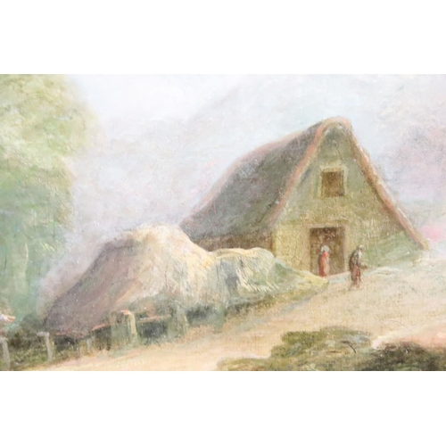 230 - English School, mother and child on a path with a barn and woodland in the background, oil on canvas... 