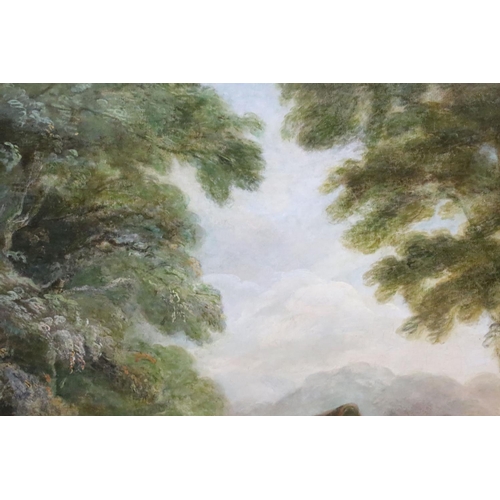 230 - English School, mother and child on a path with a barn and woodland in the background, oil on canvas... 