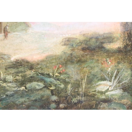 230 - English School, mother and child on a path with a barn and woodland in the background, oil on canvas... 