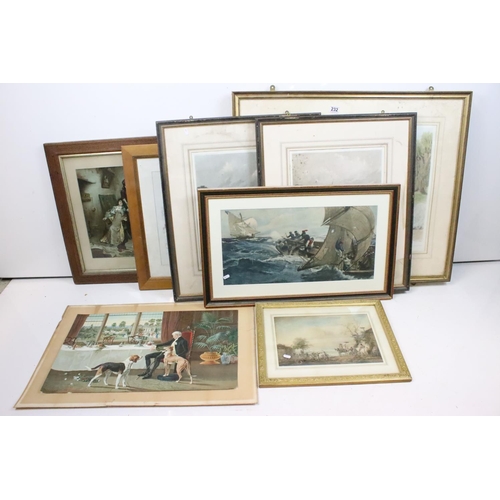 232 - Smuggling scene, hand coloured engraving, 30 x 60cm, framed and glazed and a quantity of pictures an... 
