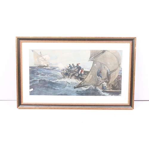 232 - Smuggling scene, hand coloured engraving, 30 x 60cm, framed and glazed and a quantity of pictures an... 
