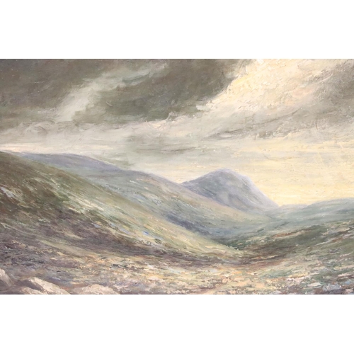 239 - English School, valley landscape, oil on board, indistinctly signed lower right 'J.W. Hol...', 29.5 ... 
