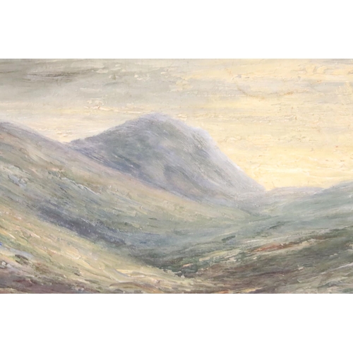 239 - English School, valley landscape, oil on board, indistinctly signed lower right 'J.W. Hol...', 29.5 ... 