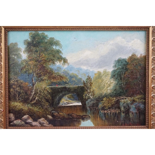 240 - W Graham, riverscape, with a figure in red on a bridge, signed lower right and dated 1886, oil on ca... 