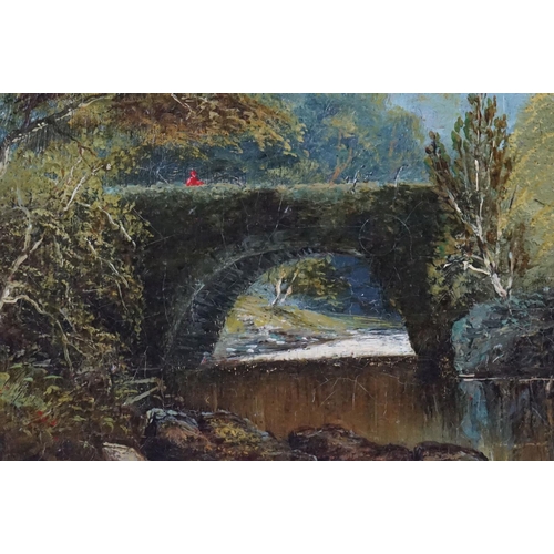 240 - W Graham, riverscape, with a figure in red on a bridge, signed lower right and dated 1886, oil on ca... 