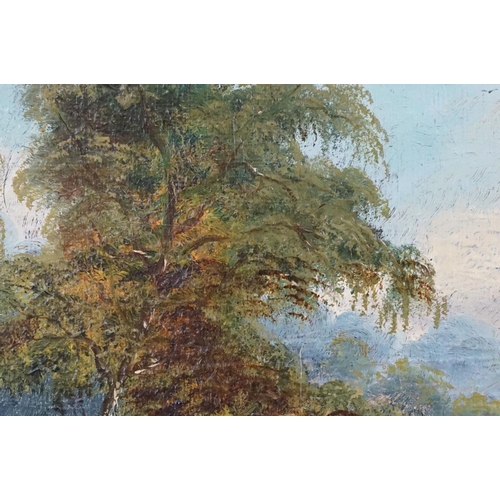 240 - W Graham, riverscape, with a figure in red on a bridge, signed lower right and dated 1886, oil on ca... 
