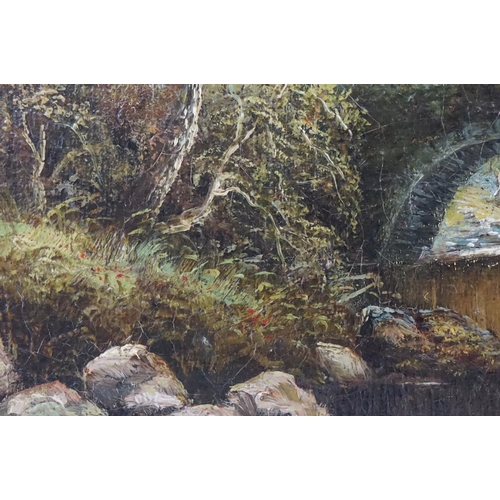 240 - W Graham, riverscape, with a figure in red on a bridge, signed lower right and dated 1886, oil on ca... 