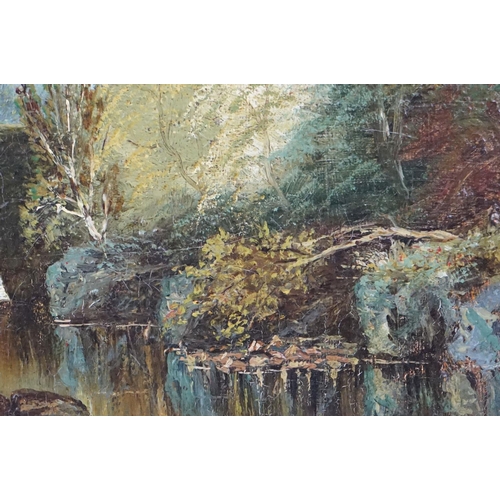 240 - W Graham, riverscape, with a figure in red on a bridge, signed lower right and dated 1886, oil on ca... 