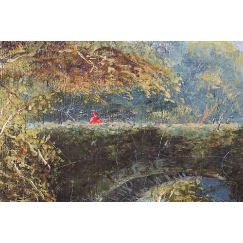240 - W Graham, riverscape, with a figure in red on a bridge, signed lower right and dated 1886, oil on ca... 