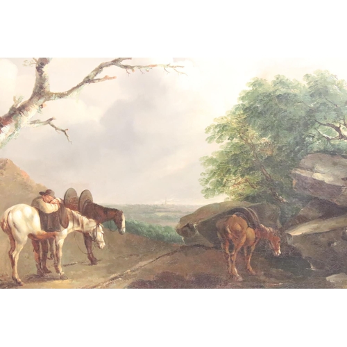 241 - Continental School, horses and rider resting, oil on canvas, 58.5 x 83cm, gilt framed