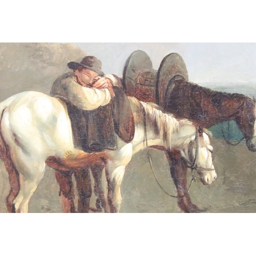 241 - Continental School, horses and rider resting, oil on canvas, 58.5 x 83cm, gilt framed