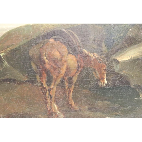 241 - Continental School, horses and rider resting, oil on canvas, 58.5 x 83cm, gilt framed