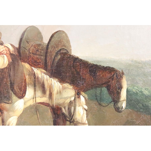241 - Continental School, horses and rider resting, oil on canvas, 58.5 x 83cm, gilt framed