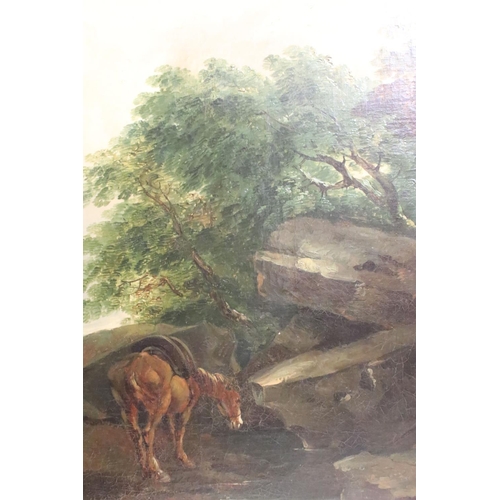 241 - Continental School, horses and rider resting, oil on canvas, 58.5 x 83cm, gilt framed