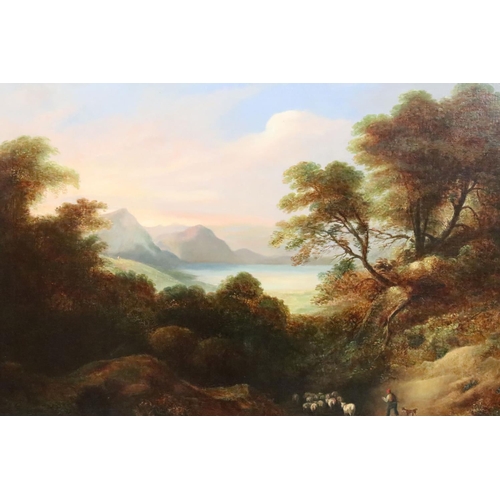 243 - Continental School, shepherd with his dog and flock, with bay and mountains in the background, oil o... 