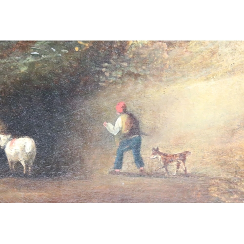 243 - Continental School, shepherd with his dog and flock, with bay and mountains in the background, oil o... 