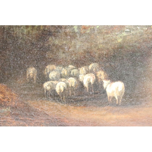 243 - Continental School, shepherd with his dog and flock, with bay and mountains in the background, oil o... 