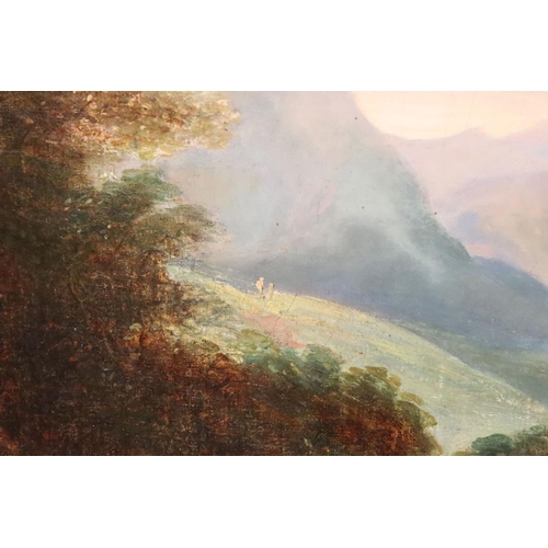 243 - Continental School, shepherd with his dog and flock, with bay and mountains in the background, oil o... 