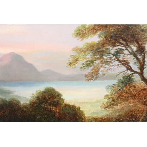 243 - Continental School, shepherd with his dog and flock, with bay and mountains in the background, oil o... 