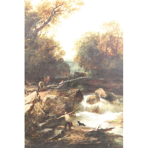 246 - English School, riverscape with figures and a bridge, oil on canvas, initialled TC lower right and d... 