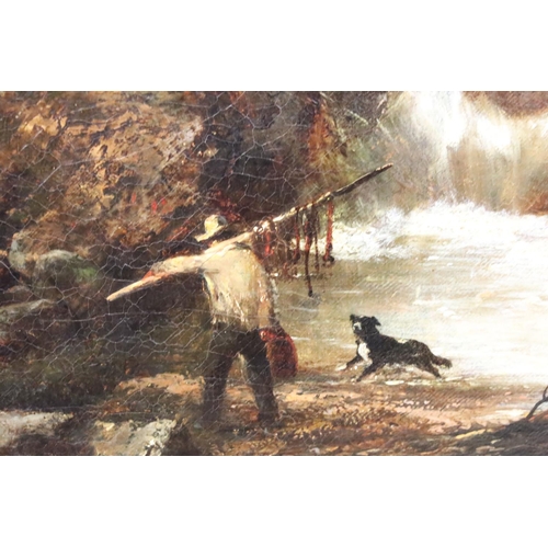 246 - English School, riverscape with figures and a bridge, oil on canvas, initialled TC lower right and d... 