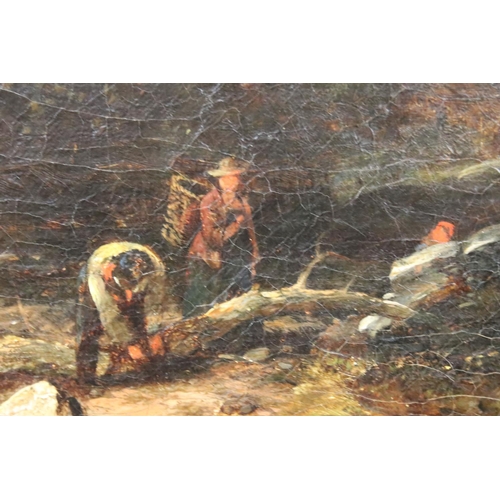 246 - English School, riverscape with figures and a bridge, oil on canvas, initialled TC lower right and d... 