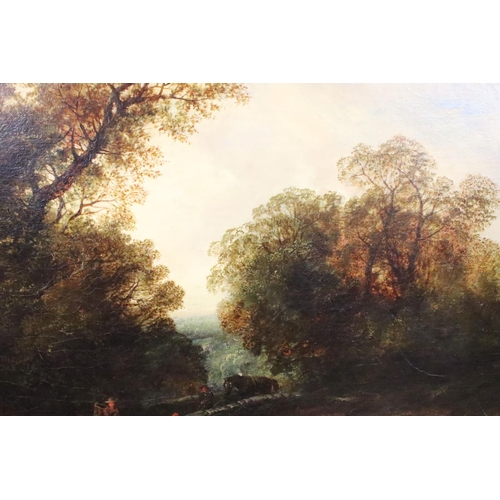 246 - English School, riverscape with figures and a bridge, oil on canvas, initialled TC lower right and d... 