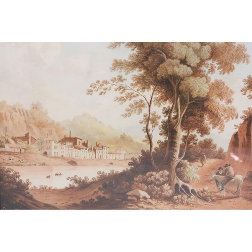 247 - Continental School, figures on a path in the foreground, with a riverside village in the background,... 