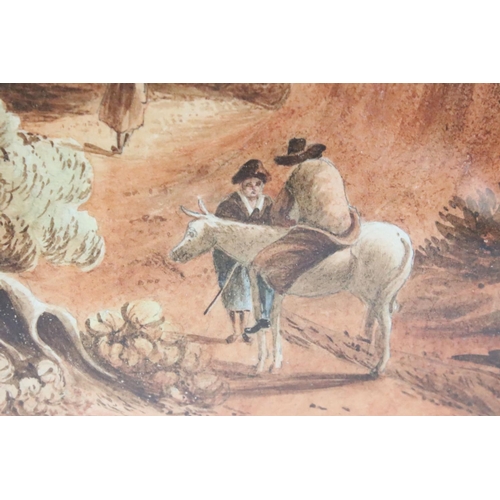 247 - Continental School, figures on a path in the foreground, with a riverside village in the background,... 