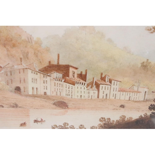 247 - Continental School, figures on a path in the foreground, with a riverside village in the background,... 