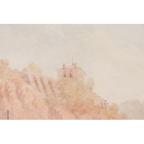 247 - Continental School, figures on a path in the foreground, with a riverside village in the background,... 