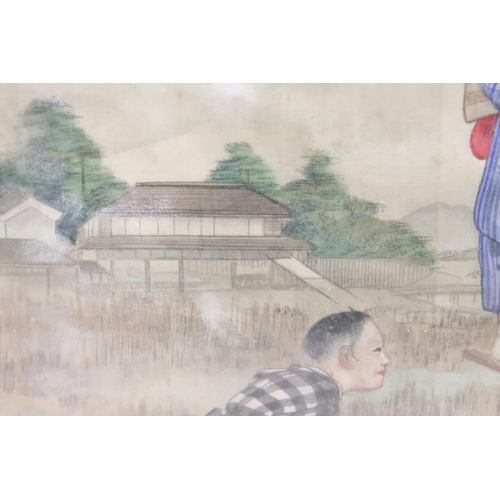 254 - Oriental School, walking on stilts with children playing below, watercolour on silk, 28 x 26.5cm, fr... 