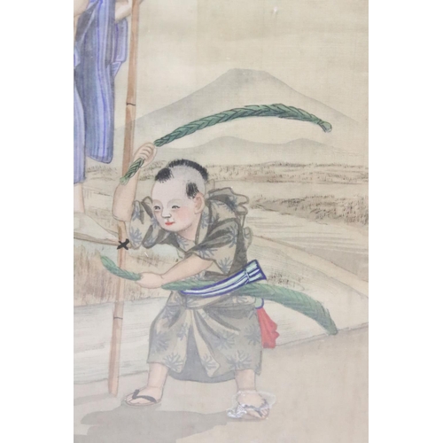 254 - Oriental School, walking on stilts with children playing below, watercolour on silk, 28 x 26.5cm, fr... 