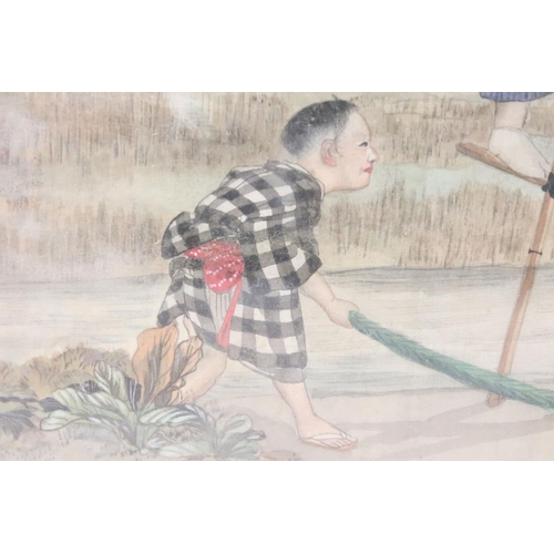 254 - Oriental School, walking on stilts with children playing below, watercolour on silk, 28 x 26.5cm, fr... 