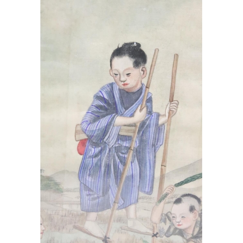 254 - Oriental School, walking on stilts with children playing below, watercolour on silk, 28 x 26.5cm, fr... 