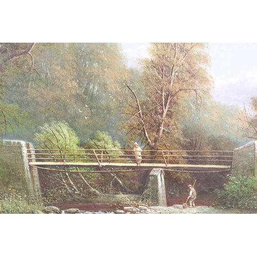 269 - English School, figures by a bridge amongst the trees, frame inscribed ' Snuff Mill Bridge, Stapleto... 