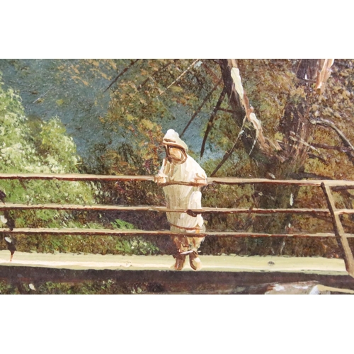 269 - English School, figures by a bridge amongst the trees, frame inscribed ' Snuff Mill Bridge, Stapleto... 