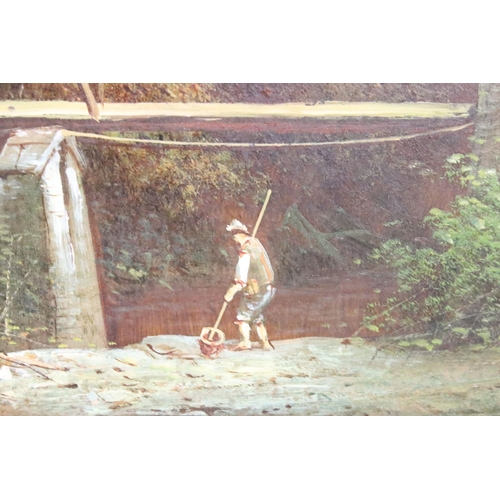 269 - English School, figures by a bridge amongst the trees, frame inscribed ' Snuff Mill Bridge, Stapleto... 