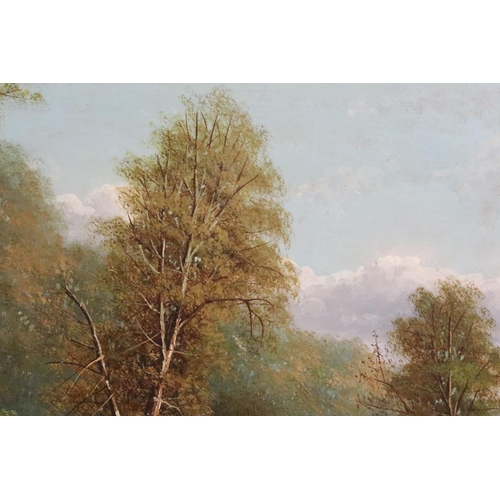 269 - English School, figures by a bridge amongst the trees, frame inscribed ' Snuff Mill Bridge, Stapleto... 