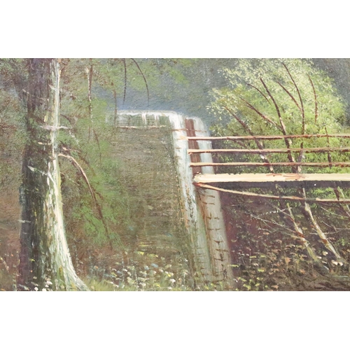 269 - English School, figures by a bridge amongst the trees, frame inscribed ' Snuff Mill Bridge, Stapleto... 