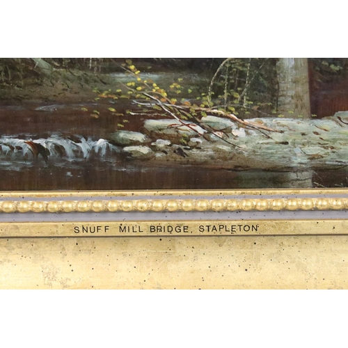 269 - English School, figures by a bridge amongst the trees, frame inscribed ' Snuff Mill Bridge, Stapleto... 