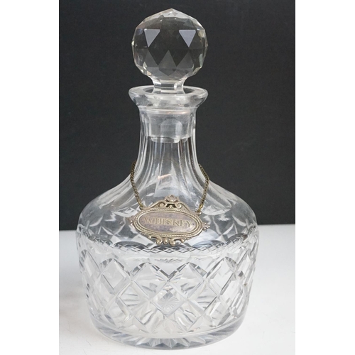 56 - Pair of Richardson cut glass decanters with white metal gin and whiskey decanter labels together wit... 